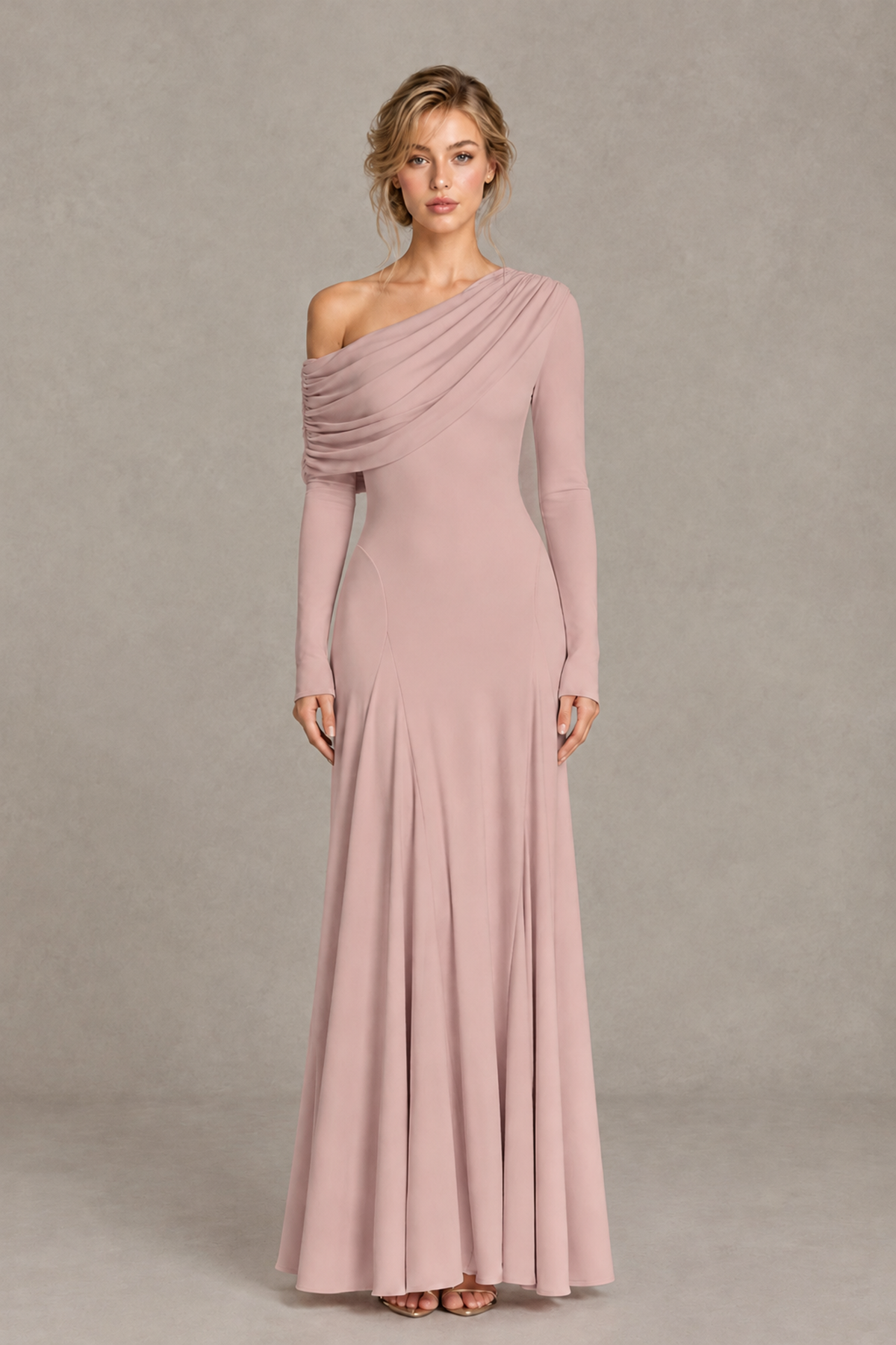 BOLODOO Dusty Rose Asymmetric Draped Long Sleeve Evening Gown - Dusty Rose