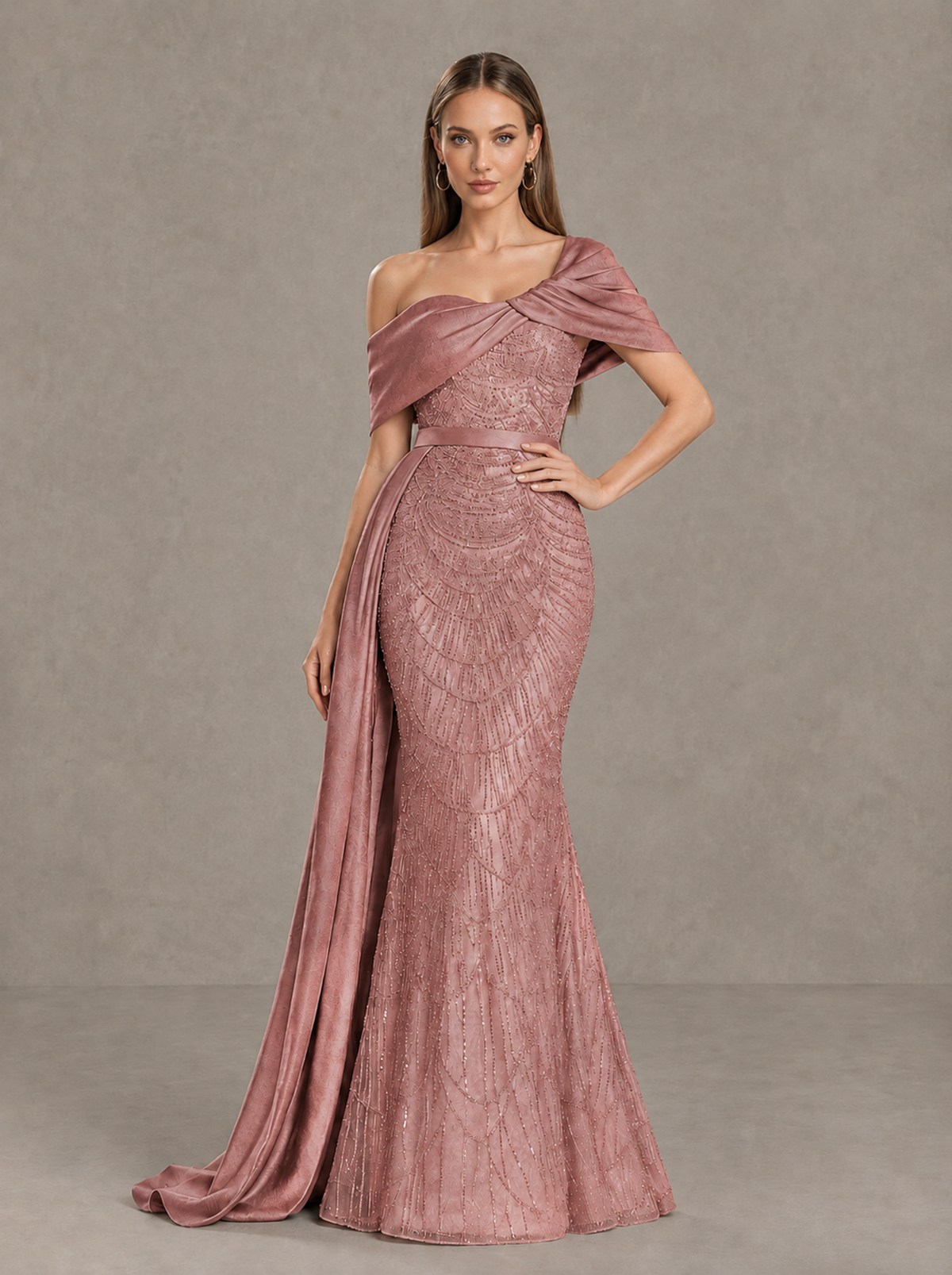 BOLODOO Dusty Rose Asymmetric Draped Mermaid Evening Gown with Train - Dusty Rose - Dusty Rose (1)