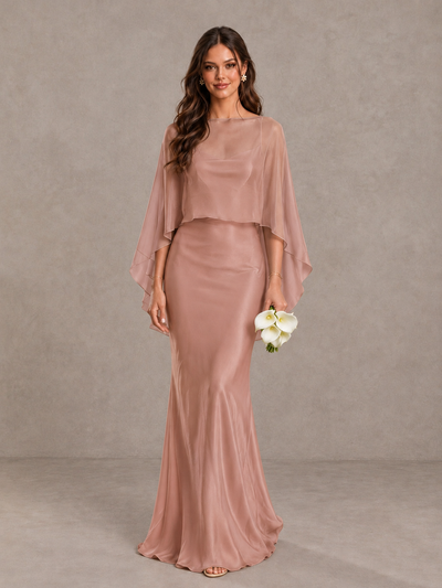 BOLODOO Dusty Rose Satin Mermaid Bridesmaid Dress with Chiffon Cape - Dusty Rose - Dusty Rose (1)