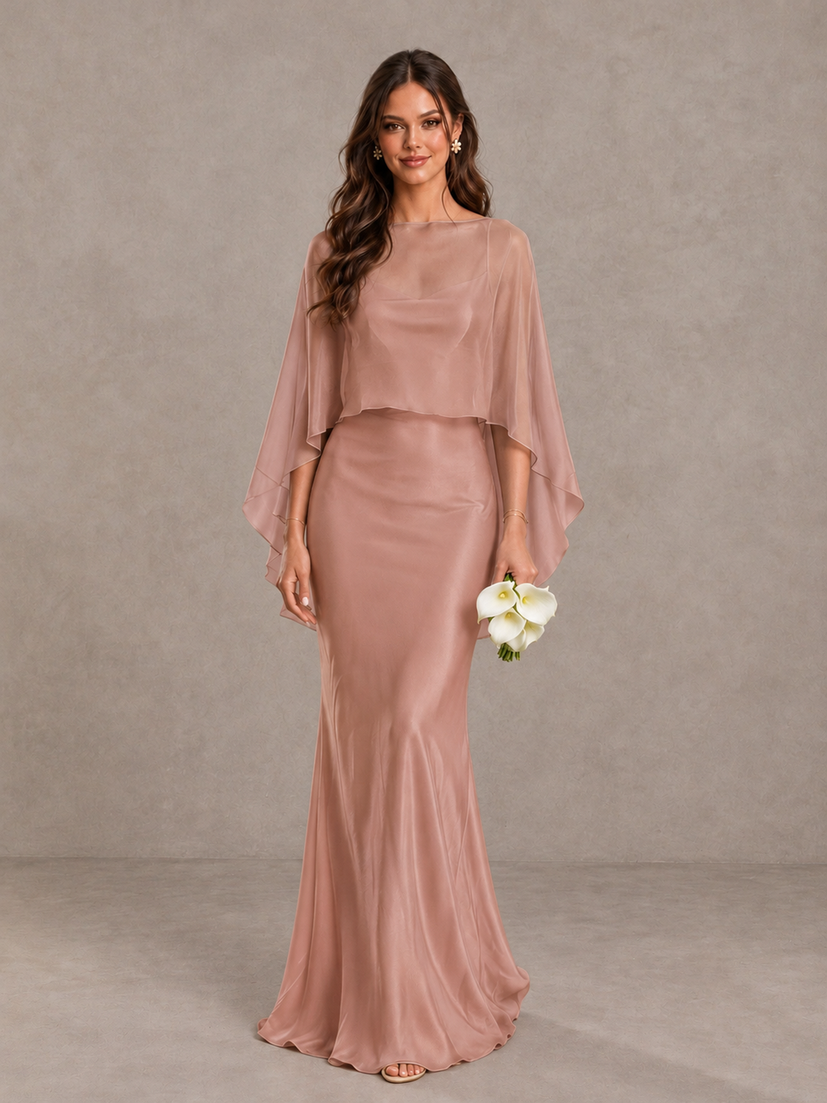 BOLODOO Dusty Rose Satin Mermaid Bridesmaid Dress with Chiffon Cape - Dusty Rose - Dusty Rose (1)