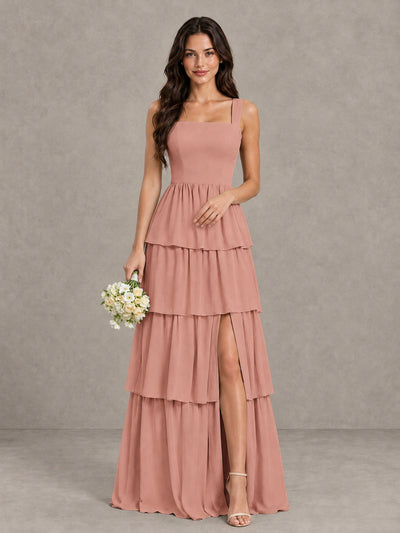 BOLODOO Dusty Rose Square Neck Tiered Bridesmaid Dress with Slit - Dusty Rose - Dusty Rose (1)