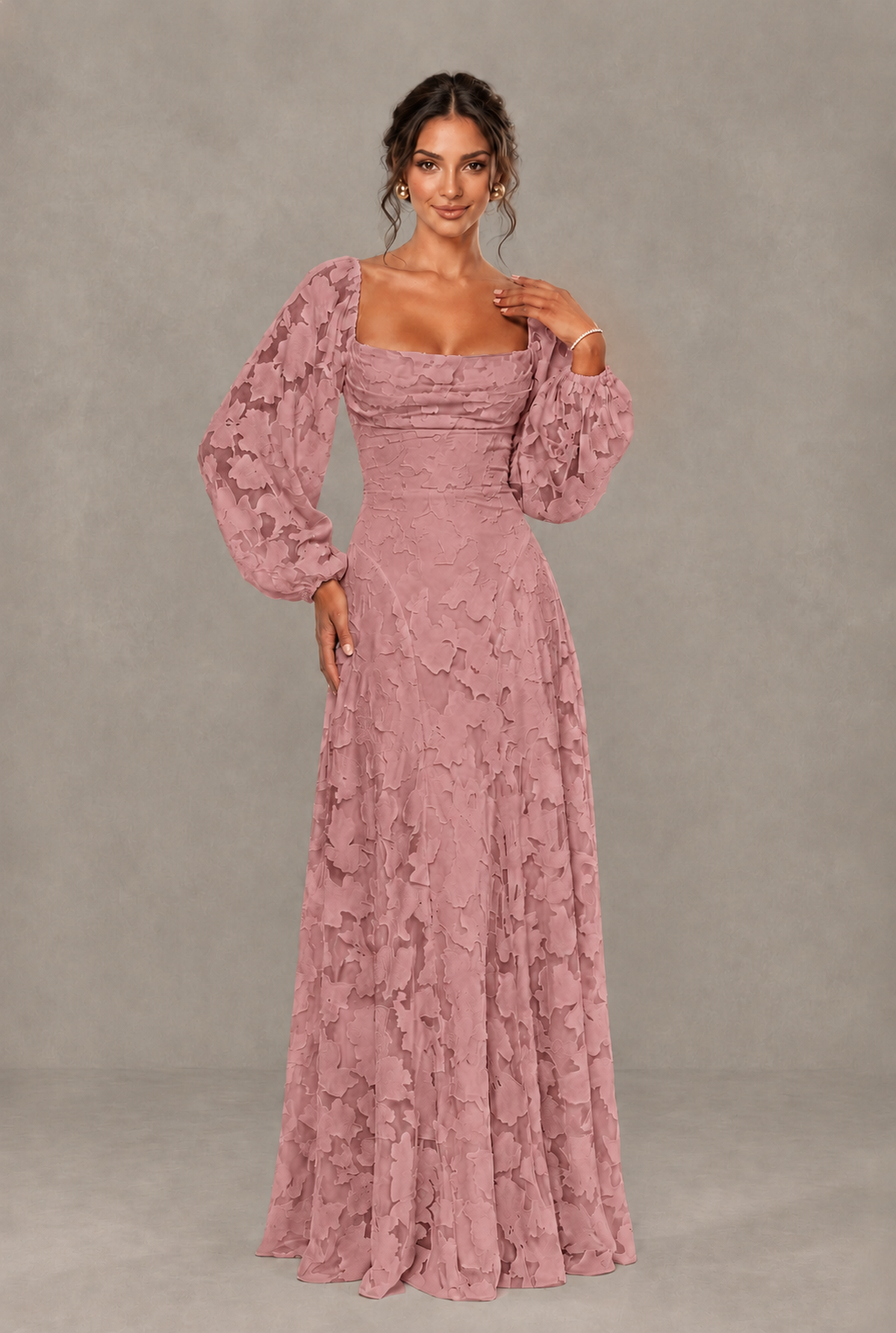 BOLODOO Floral Dusty Rose Long Sleeve A-Line Dress with Lace-Up Back - Dusty Rose