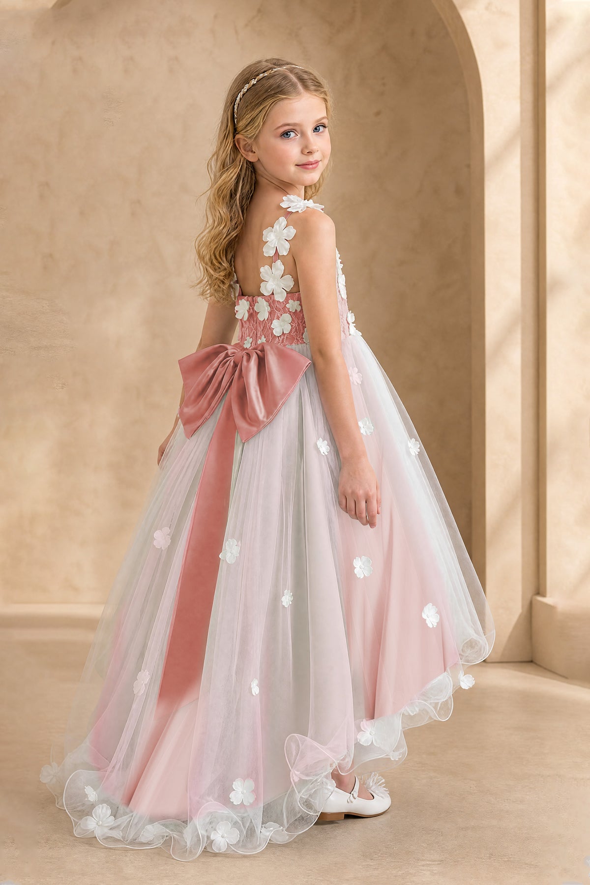 BOLODOO Dusty Rose Flower Girl Dress with Floral Appliqué and High-Low Tulle Skirt - Dusty Rose