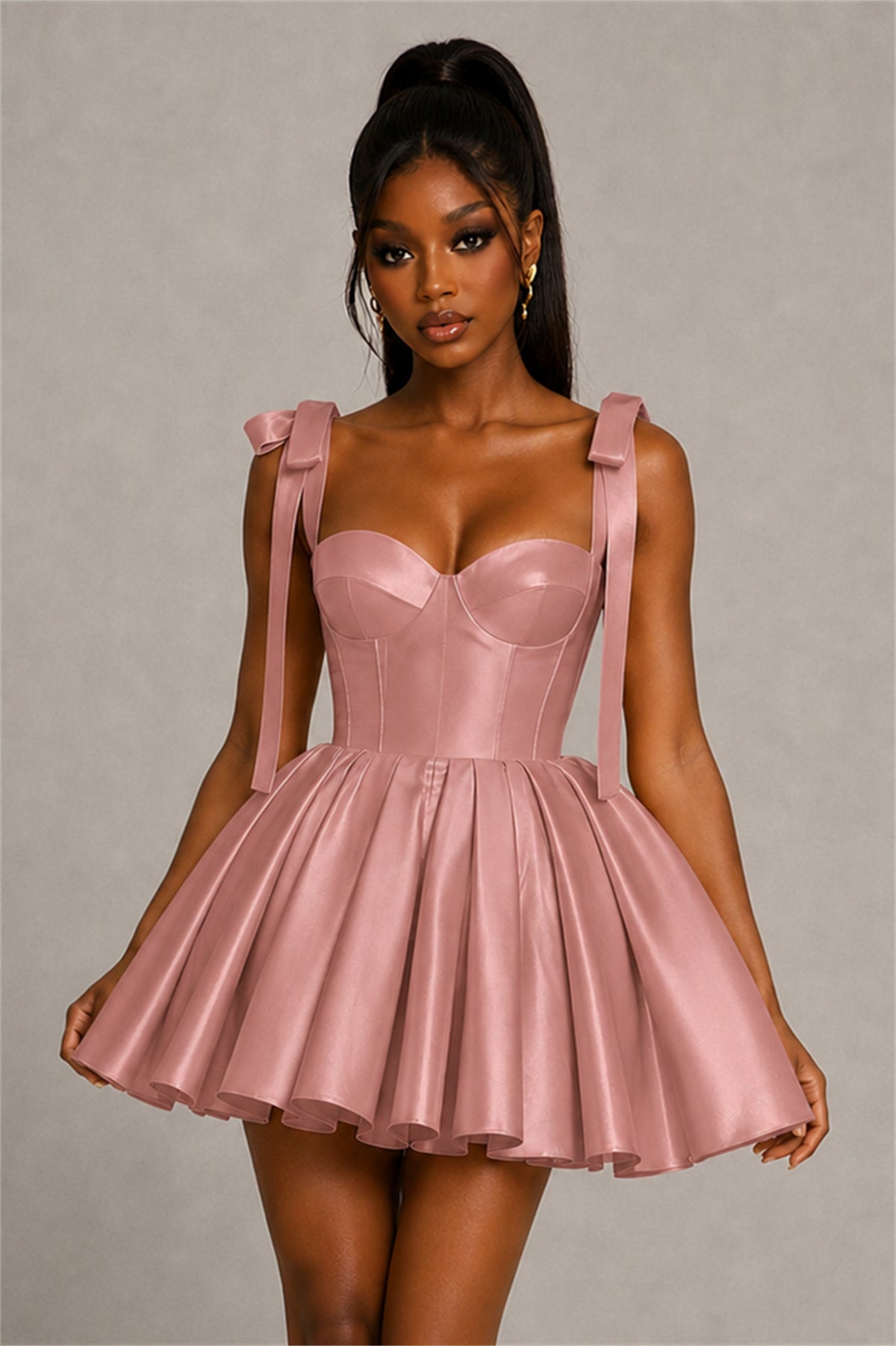 BOLODOO Dusty Rose Satin Sweetheart Corset Bow Strap Lace-Up Open Back Full Skirt Mini Dress | Prom Cocktail Party Dress - Dusty Rose