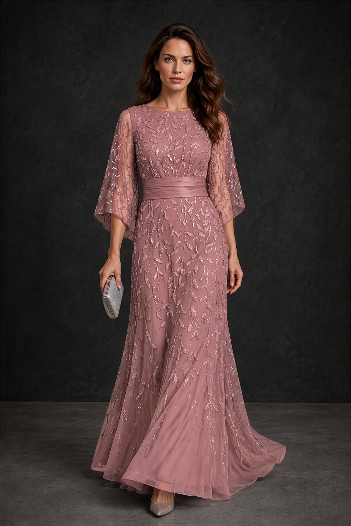BOLODOO Dusty Rose Bateau Neck Bell Sleeve Sequin Embroidered Satin Waist A-Line Maxi Dress - Dusty Rose