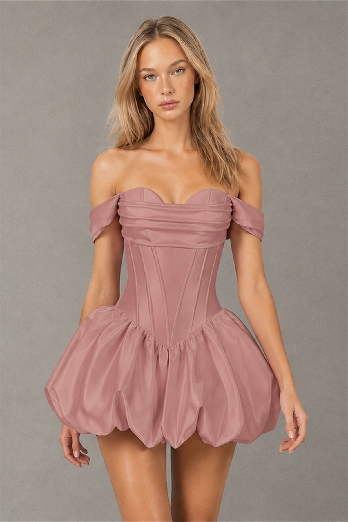 BOLODOO Dusty Rose Off-Shoulder Satin Corset Bubble Mini Dress - Dusty Rose
