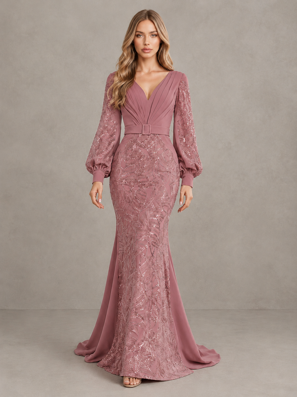 BOLODOO Dusty Rose Sequin Long Bishop Sleeve Mermaid Evening Dress - Dusty Rose - Dusty Rose (1)