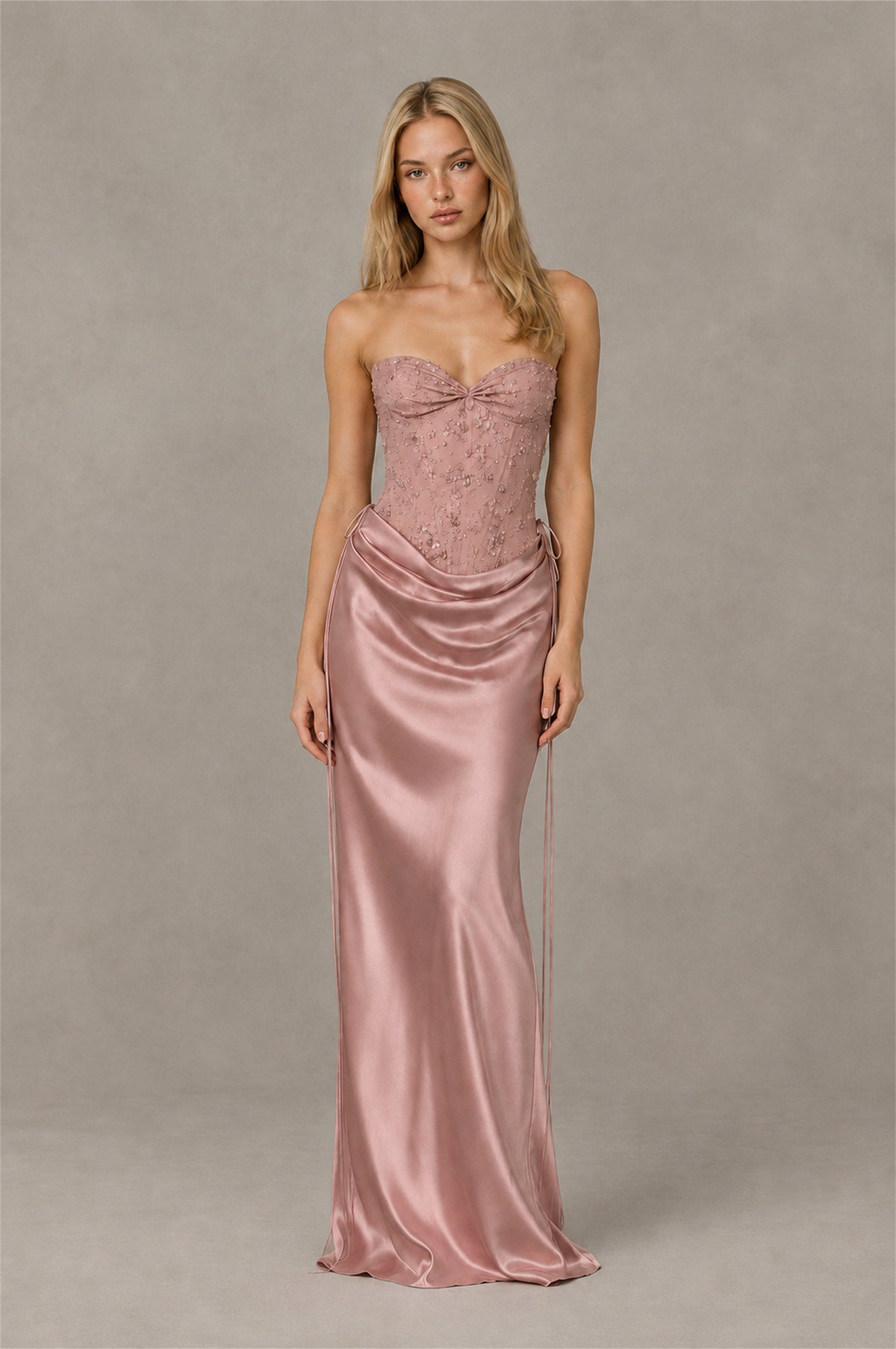 BOLODOO Dusty Rose Strapless Embellished Corset Satin-Look Maxi Dress - Dusty Rose