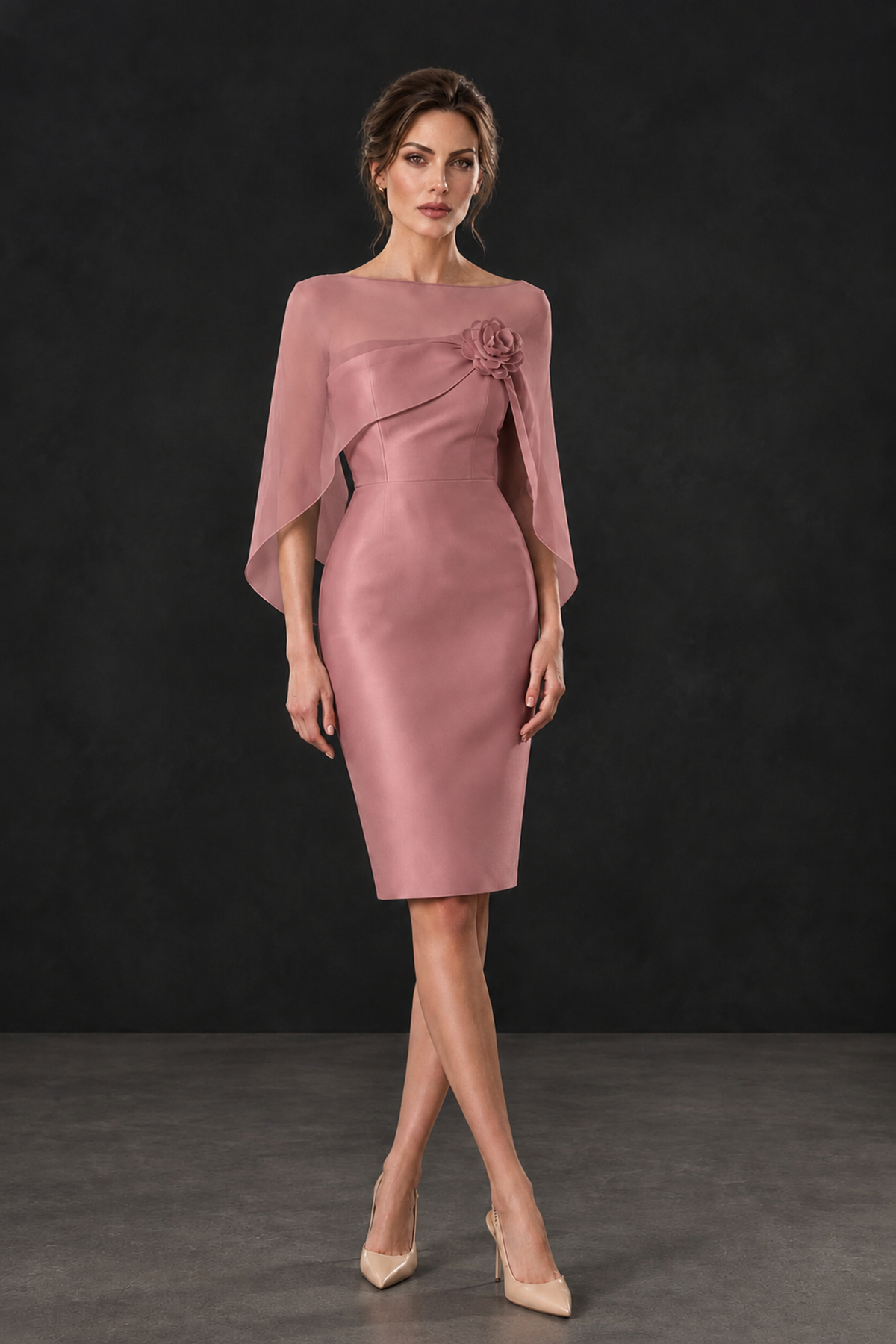 BOLODOO Dusty Rose Cape Knee-Length Mother of the Bride Dress - Dusty Rose - Dusty Rose (1)