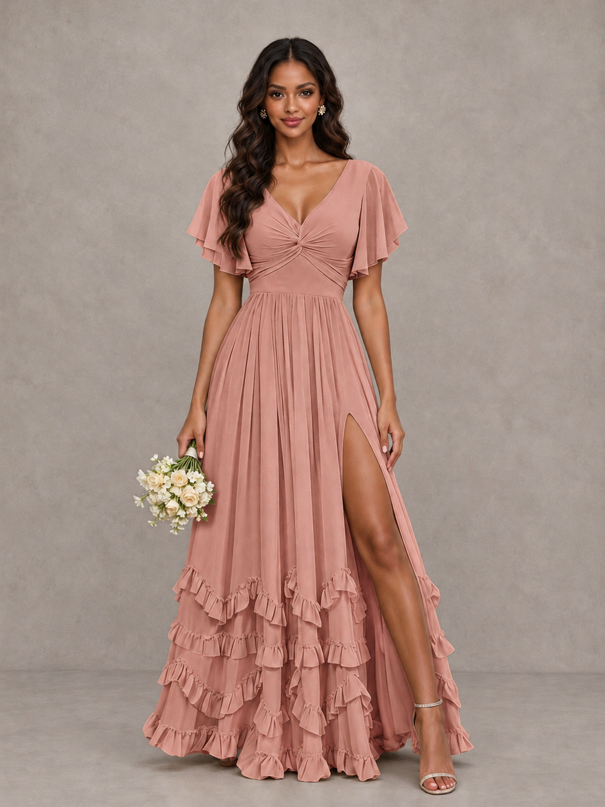 BOLODOO Dusty Rose V-Neck Flutter Sleeve Ruffle Bridesmaid Dress with Slit - Dusty Rose - Dusty Rose (1)