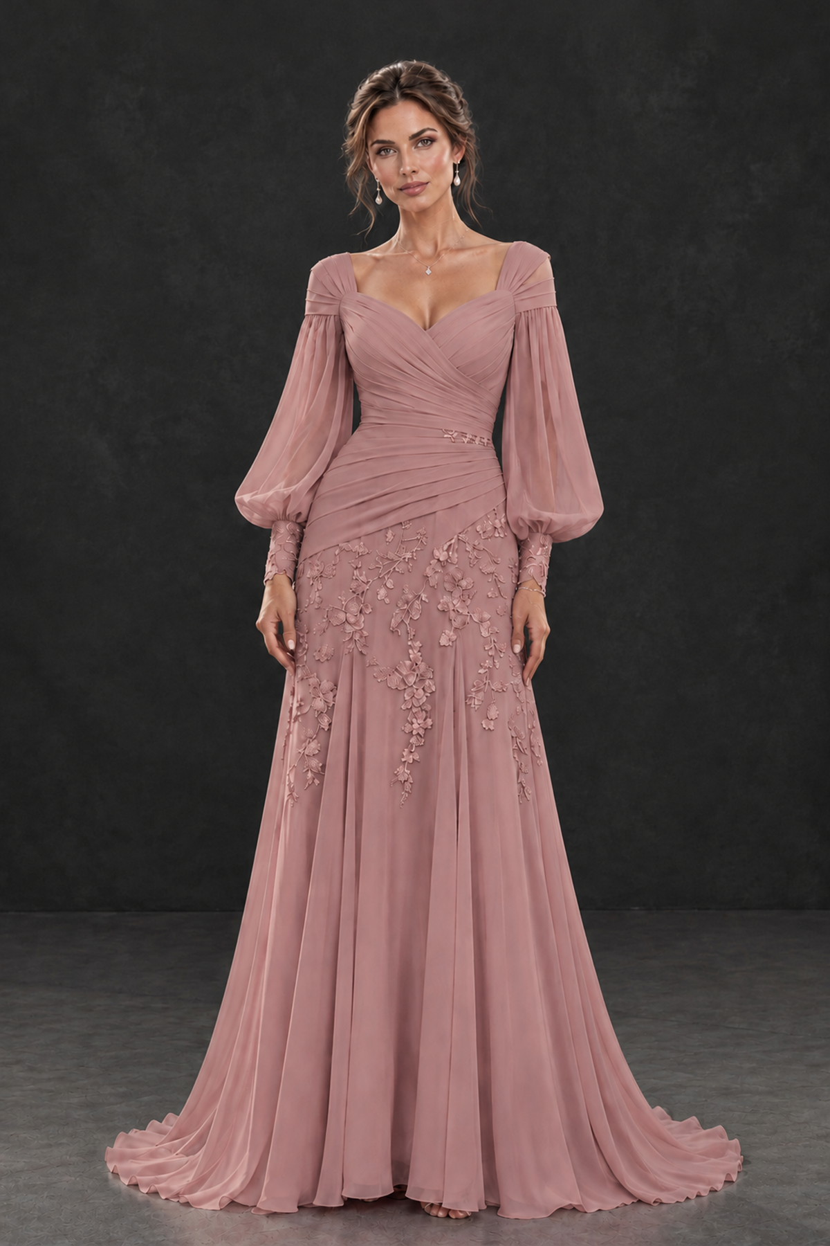 BOLODOO Dusty Rose Long Sleeve Mother of the Bride Dress with Floral Appliqués - Dusty Rose - Dusty Rose (1)