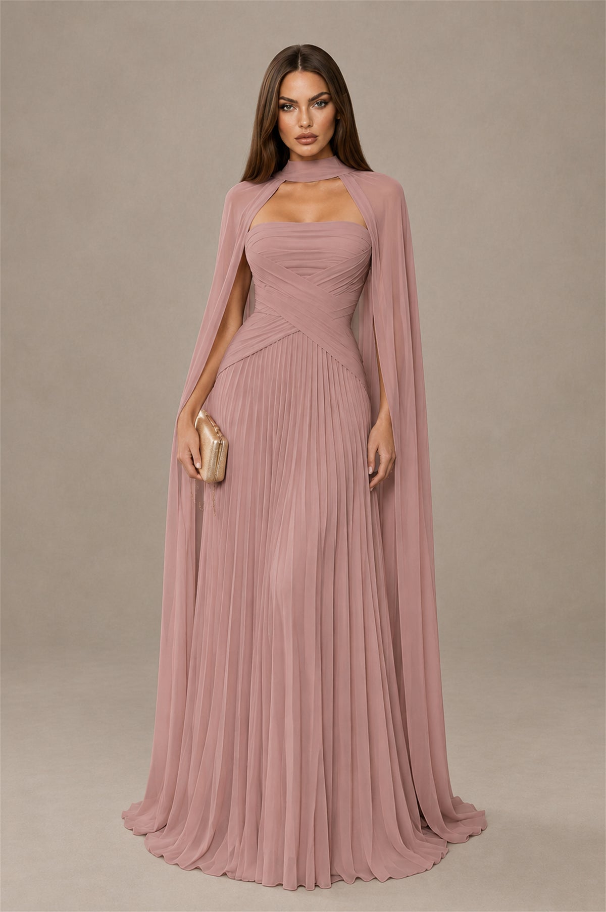 BOLODOO Dusty Rose Strapless Crossover Ruched Bodice Detached Turtleneck Cape Lace-Up Back Pleated Chiffon Maxi Dress - Dusty Rose