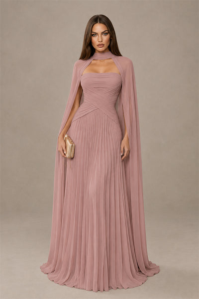 BOLODOO Dusty Rose Strapless Crossover Ruched Bodice Detached Turtleneck Cape Lace-Up Back Pleated Chiffon Maxi Dress - Dusty Rose