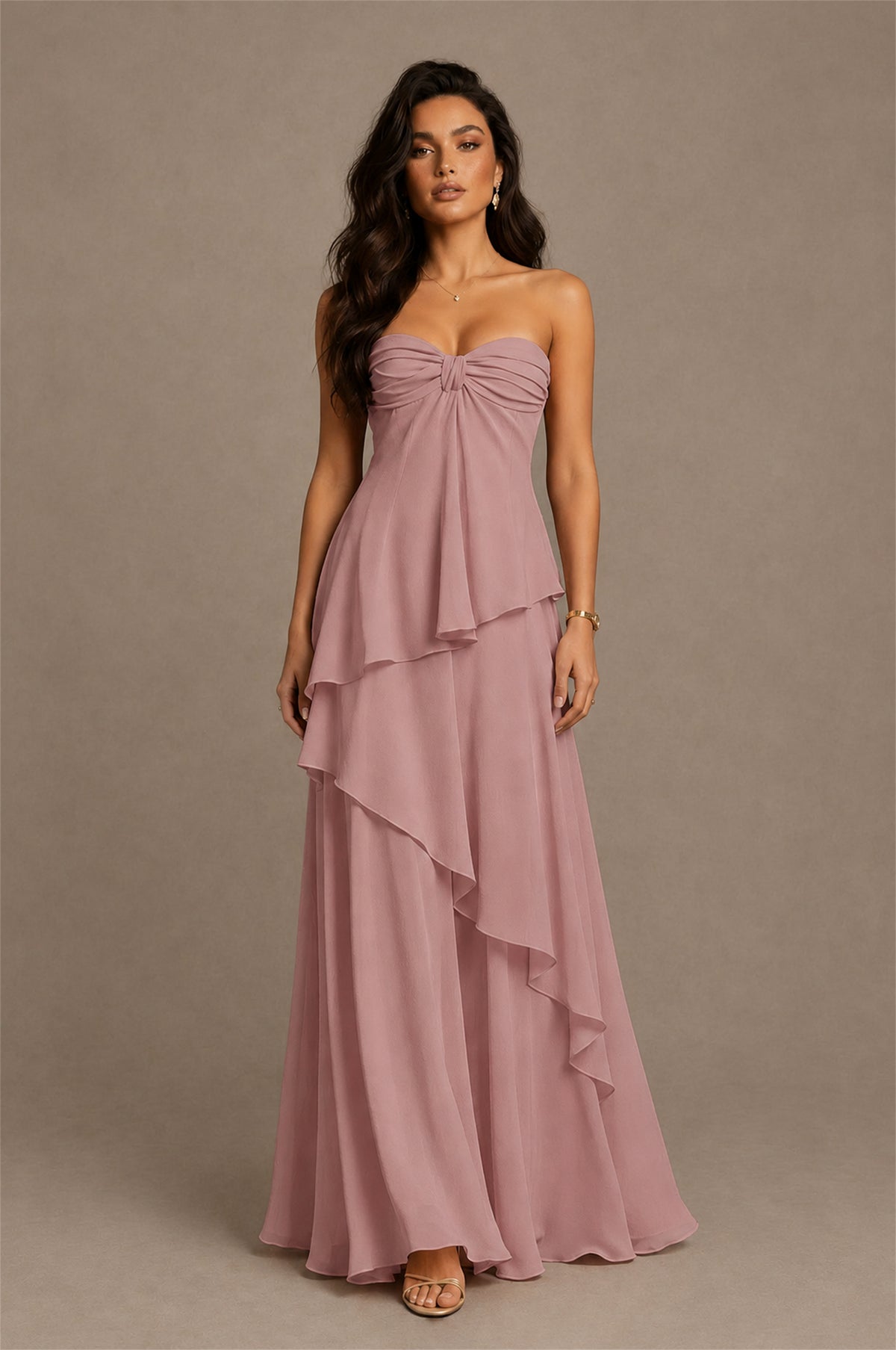 BOLODOO Dusty Rose Strapless Sweetheart Knotted Chiffon Tiered Maxi Dress with Lace-Up Back - Dusty Rose