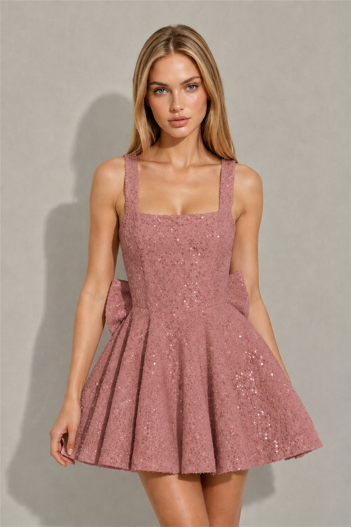 BOLODOO Dusty Rose Sequin Square Neck Wide Strap Bow Waist Open Back Fit and Flare Mini Dress | Prom Birthday Party Dress - Dusty Rose