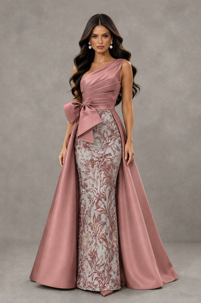 BOLODOO Dusty Rose One Shoulder Satin Mermaid Formal Evening Gown with Bow - Dusty Rose - Dusty Rose (1)