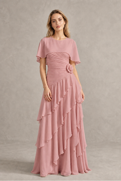 BOLODOO Dusty Rose Chiffon Flutter Sleeve Tiered Maxi Dress with 3D Rosette - Dusty Rose