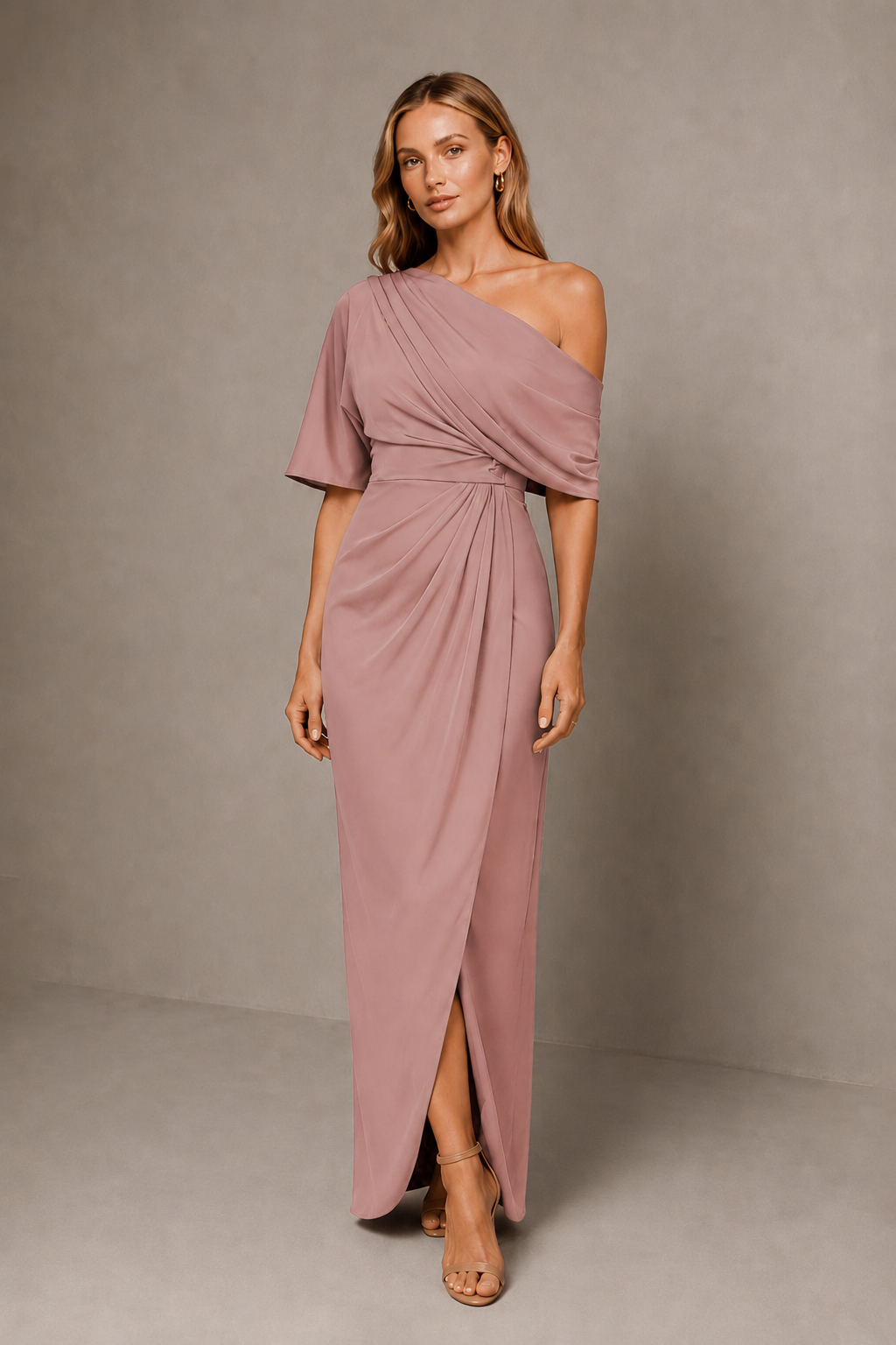BOLODOO Dusty Rose One-Shoulder Draped Satin Maxi Dress with Front Slit - Dusty Rose