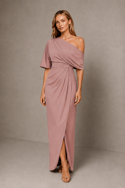 BOLODOO Dusty Rose One-Shoulder Draped Satin Maxi Dress with Front Slit - Dusty Rose