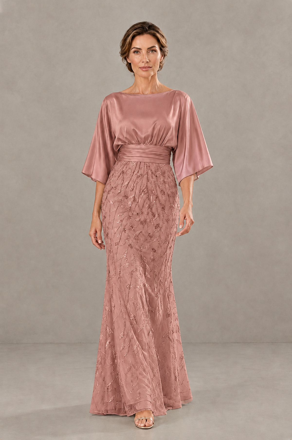 BOLODOO Dusty Rose Mother of the Bride Dress with Kimono Sleeves, Satin Bodice & Sequin Embroidered Mermaid Floor-Length Gown - Dusty Rose - Dusty Rose (1)