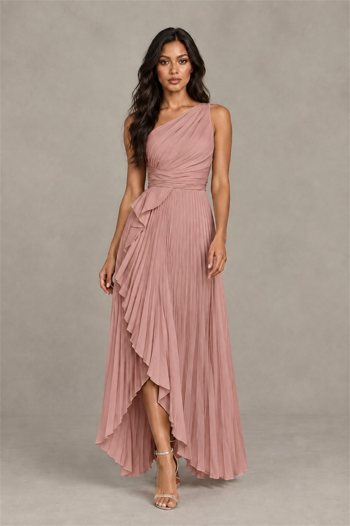 BOLODOO Dusty Rose One-Shoulder High-Low Ruffle Maxi Dress - Dusty Rose