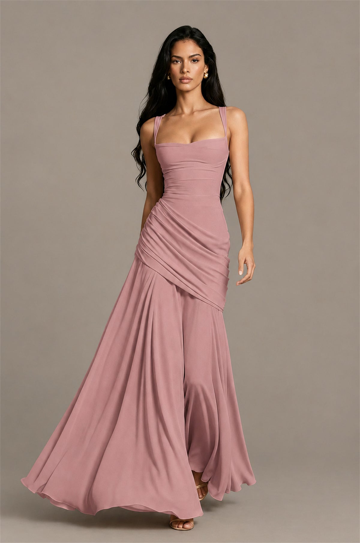BOLODOO Square Neck Ruched A-Line Maxi Dress - Dusty Rose Backless Evening Gown - Dusty Rose