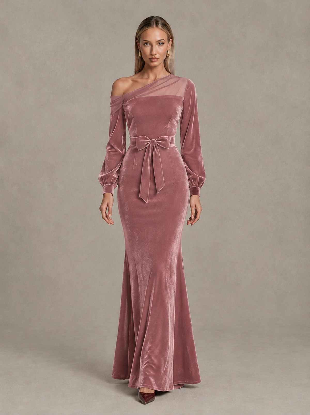 BOLODOO Dusty Rose Velvet Mermaid Evening Dress with Long Sleeves - Dusty Rose - Dusty Rose (1)