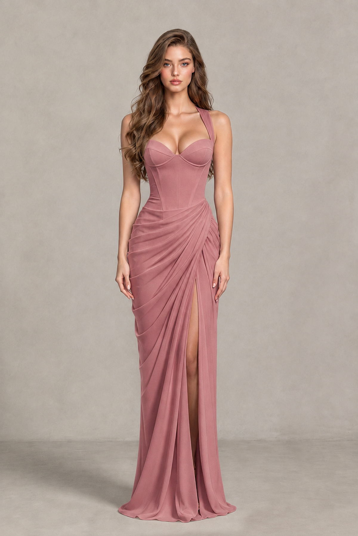 BOLODOO Chocolate Dusty Rose Sweetheart Maxi Dress with High Slit - Dusty Rose