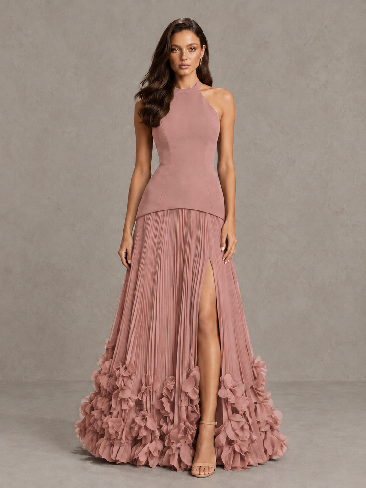 BOLODOO Dusty Rose Halter Neck Floor-Length Evening Gown with High Slit & 3D Floral Hem - Dusty Rose - Dusty Rose (1)