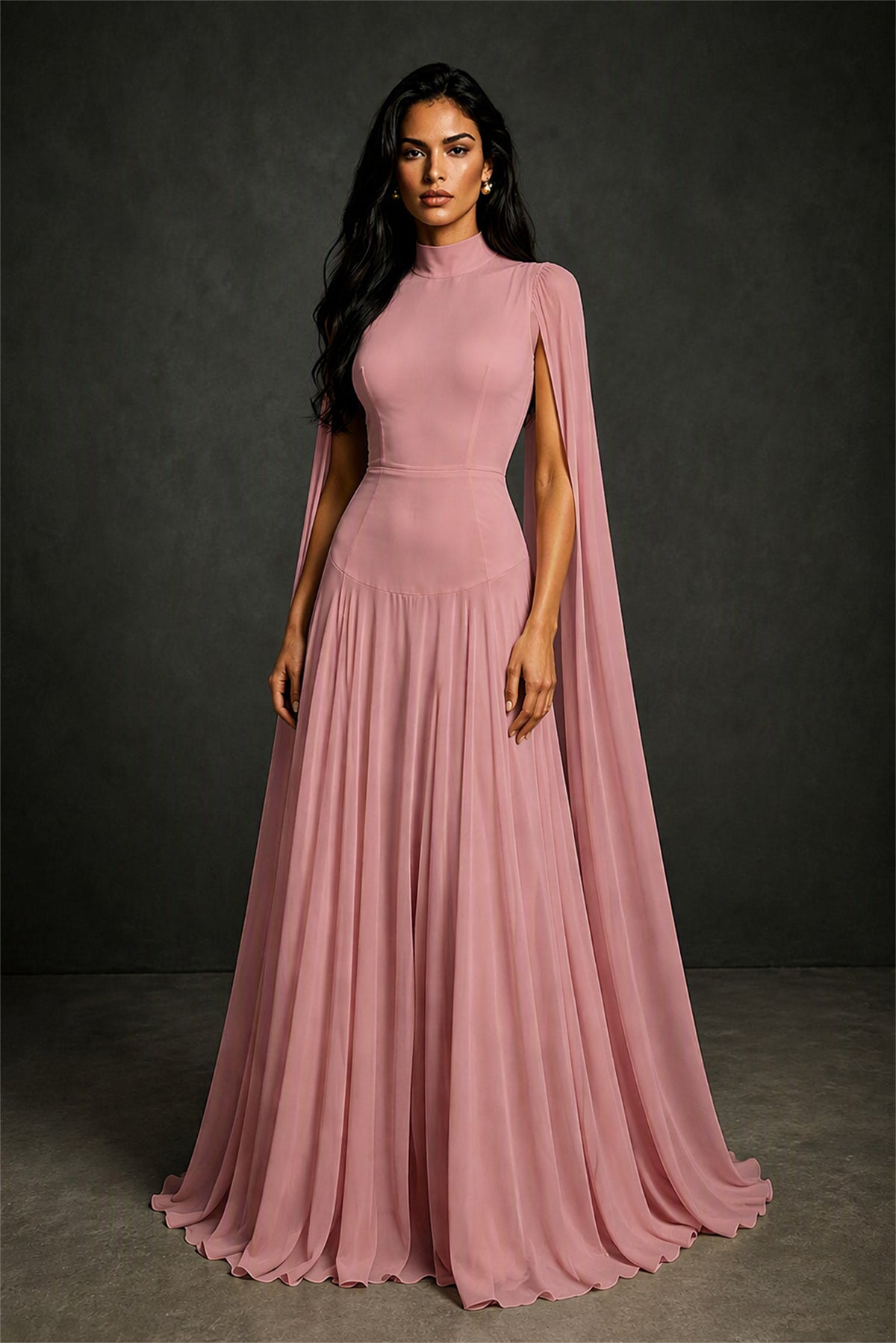 BOLODOO Dusty Rose Mock Neck Cape Sleeve A-Line Chiffon Maxi Dress - Dusty Rose