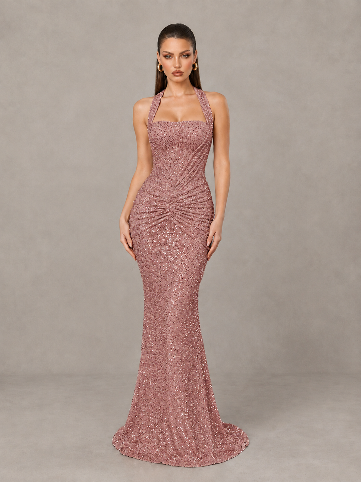 BOLODOO Dusty Rose Sequin Halter Mermaid Evening Gown - Dusty Rose - Dusty Rose (1)