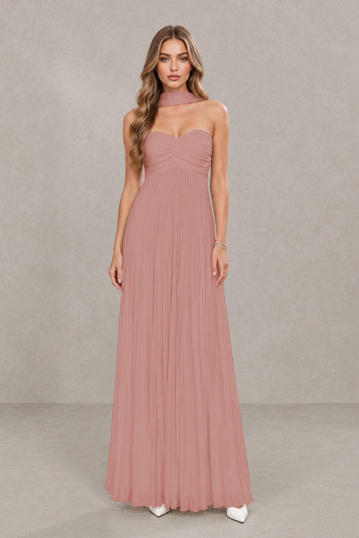 BOLODOO Dusty Rose Strapless Chiffon-Look Maxi Dress with Lace-Up Back & Cape - Dusty Rose