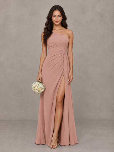 BOLODOO Dusty Rose One-Shoulder Chiffon Bridesmaid Dress with Ruched Bodice & High Slit - Dusty Rose - Dusty Rose (1)