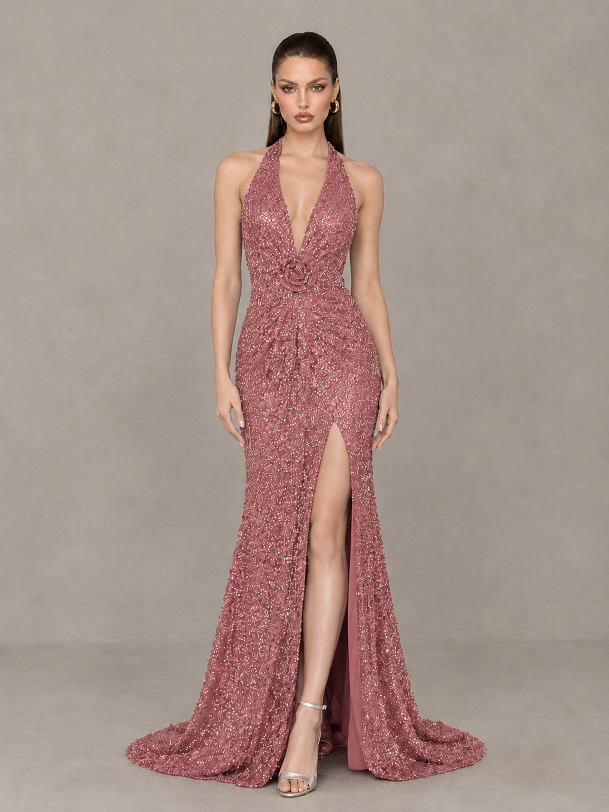 BOLODOO Dusty Rose Sequin Halter Open Back Evening Gown with High Slit - Dusty Rose - Dusty Rose (1)