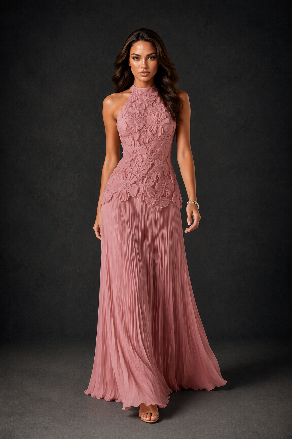 BOLODOO Dusty Rose 3D Floral Applique Halter Neck Open Back Pleated Maxi Dress - Dusty Rose