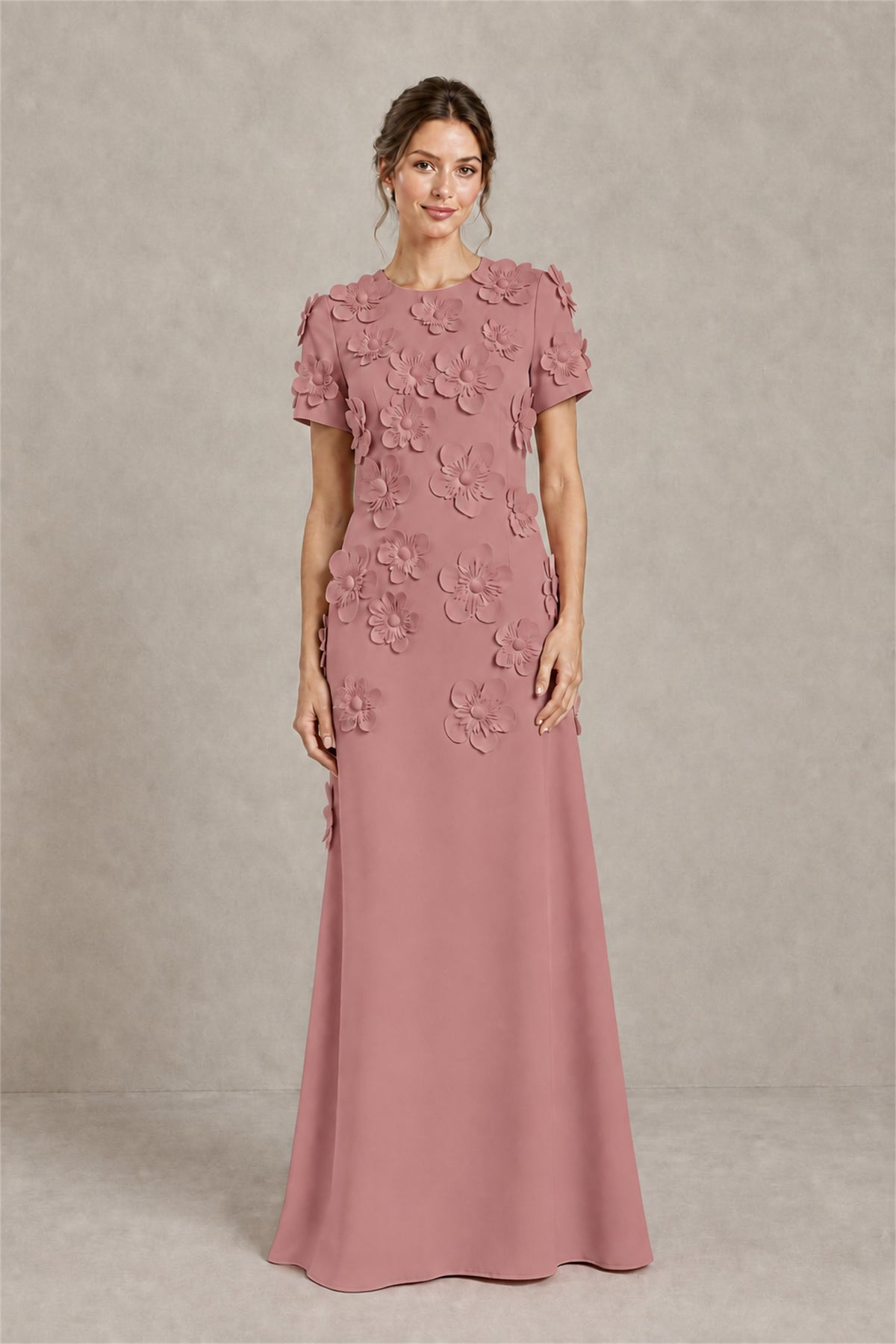 BOLODOO Dusty Rose Textured Floral Maxi Dress with Short Sleeves - Dusty Rose
