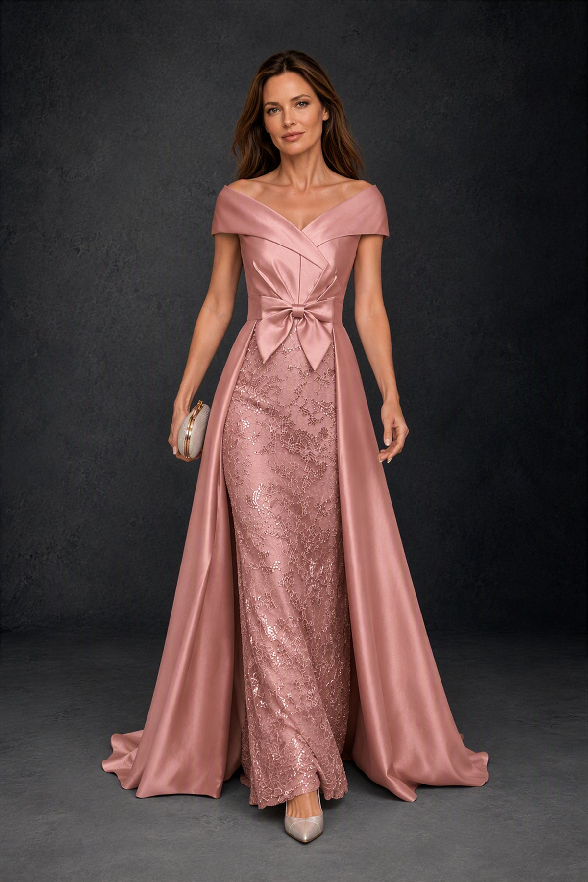 BOLODOO Steel Dusty Rose Off-Shoulder Satin Sequin Lace Mermaid Gown with Detachable Overskirt - Dusty Rose