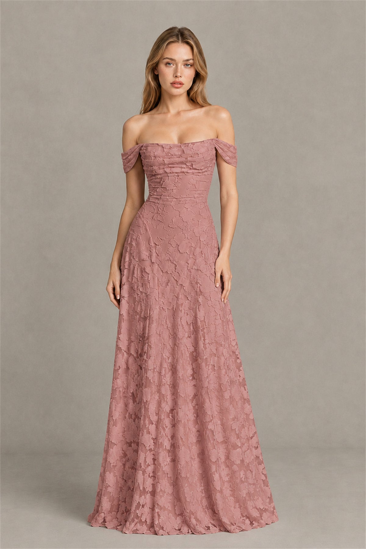 BOLODOO Dusty Rose Off-Shoulder Pleated A-Line Maxi Dress Floral - Dusty Rose