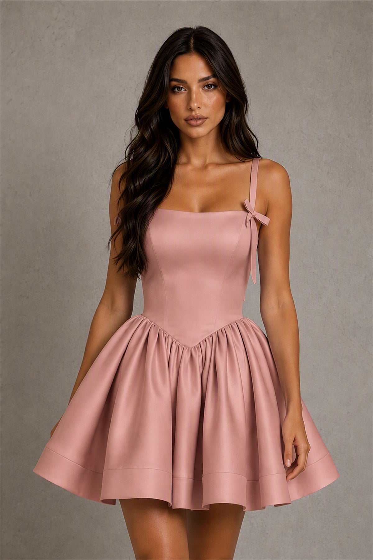 BOLODOO Baby Dusty Rose Satin Square Neck Bow Strap Lace-Up Back Bubble Mini Dress | Cocktail Party Date Night Dress - Dusty Rose