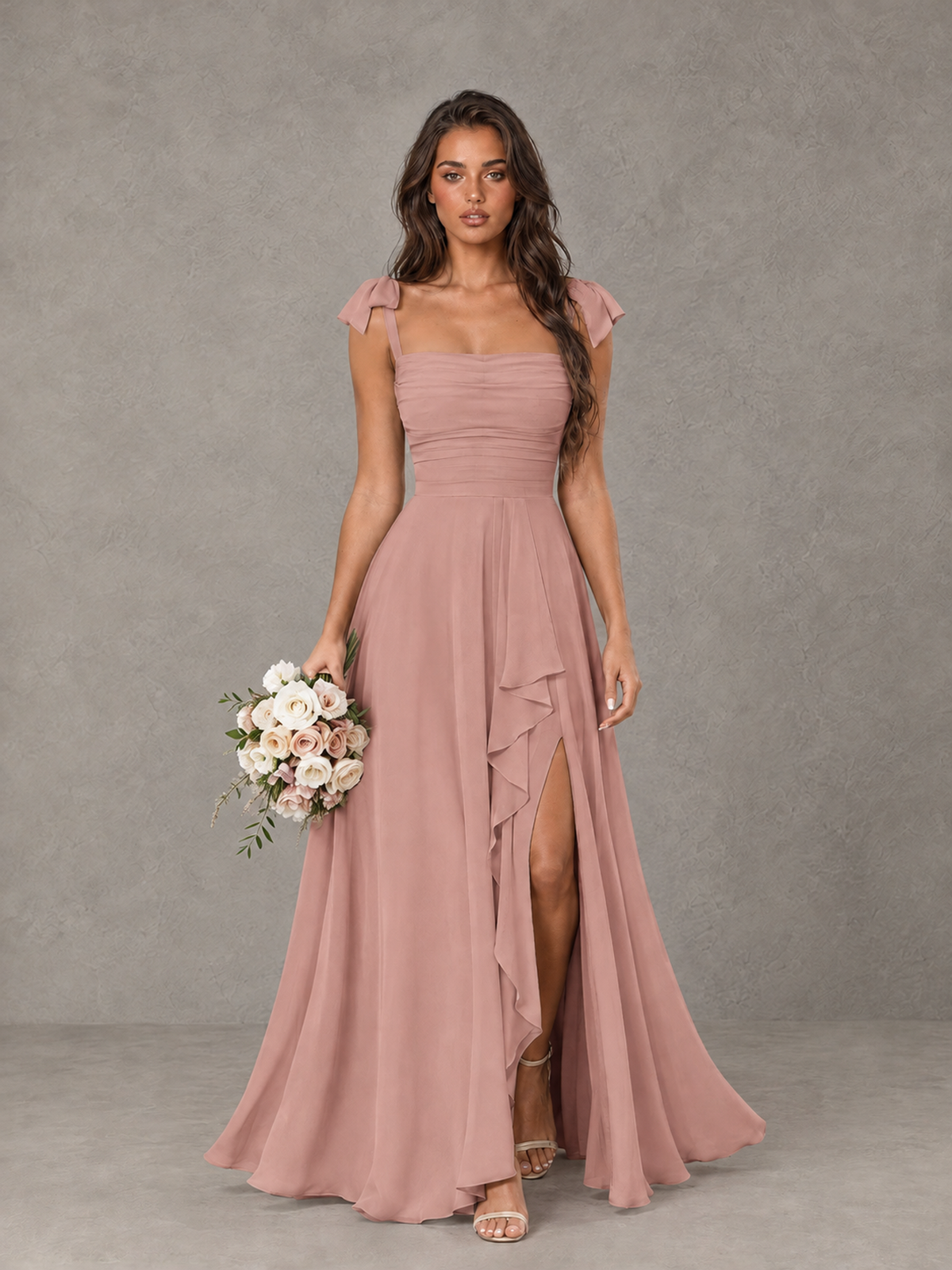 BOLODOO Dusty Rose Bow-Strap Bridesmaid Dress with Ruffle Slit - Dusty Rose - Dusty Rose (1)