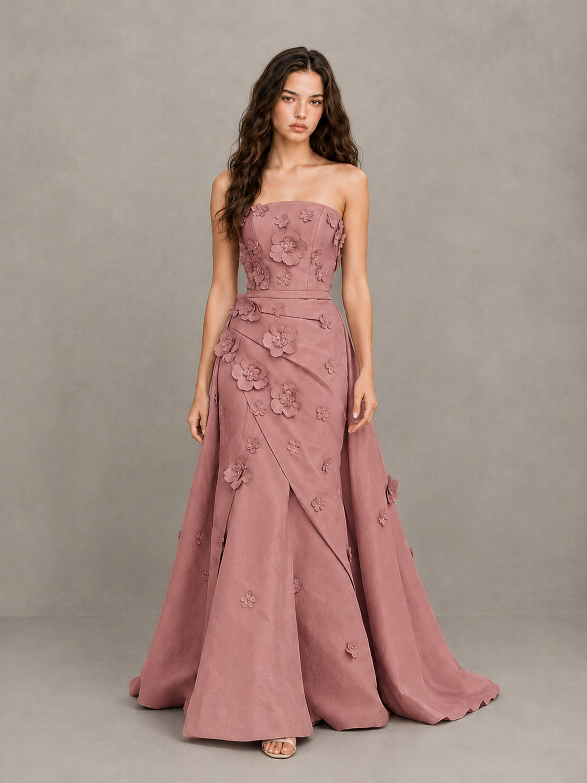 BOLODOO Dusty Rose Strapless 3D Floral Applique Prom Gown with Draped Skirt - Dusty Rose - Dusty Rose (1)