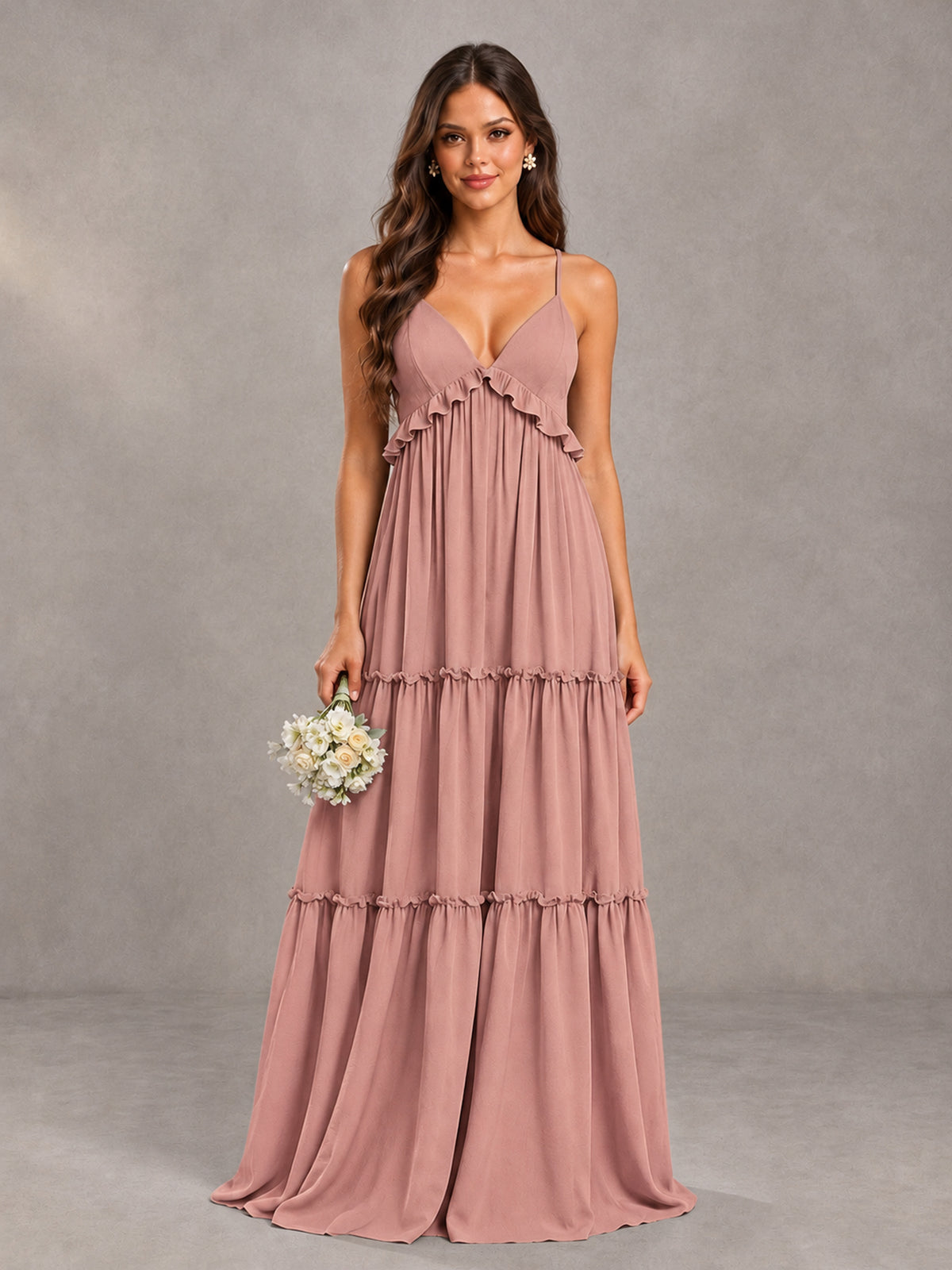 BOLODOO Dusty Rose Tiered V-Neck Lace-Up Back Bridesmaid Dress - Dusty Rose - Dusty Rose (1)