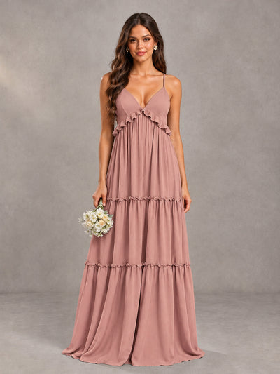 BOLODOO Dusty Rose Tiered V-Neck Lace-Up Back Bridesmaid Dress - Dusty Rose - Dusty Rose (1)