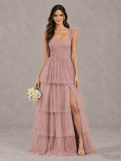 BOLODOO Dusty Rose Tiered Tulle Bridesmaid Dress with Slit - Dusty Rose - Dusty Rose (1)