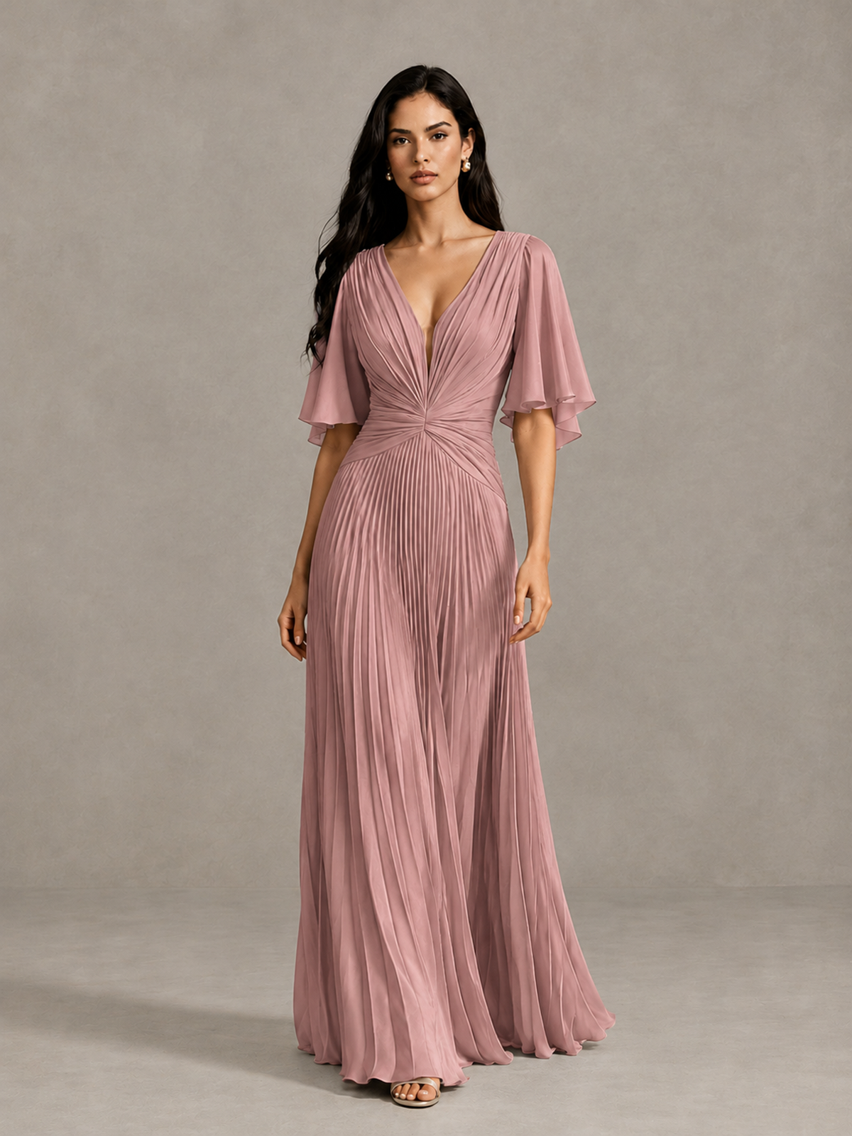 BOLODOO Dusty Rose Pleated V-Neck Flutter Sleeve Bridesmaid Dress - Dusty Rose - Dusty Rose (1)