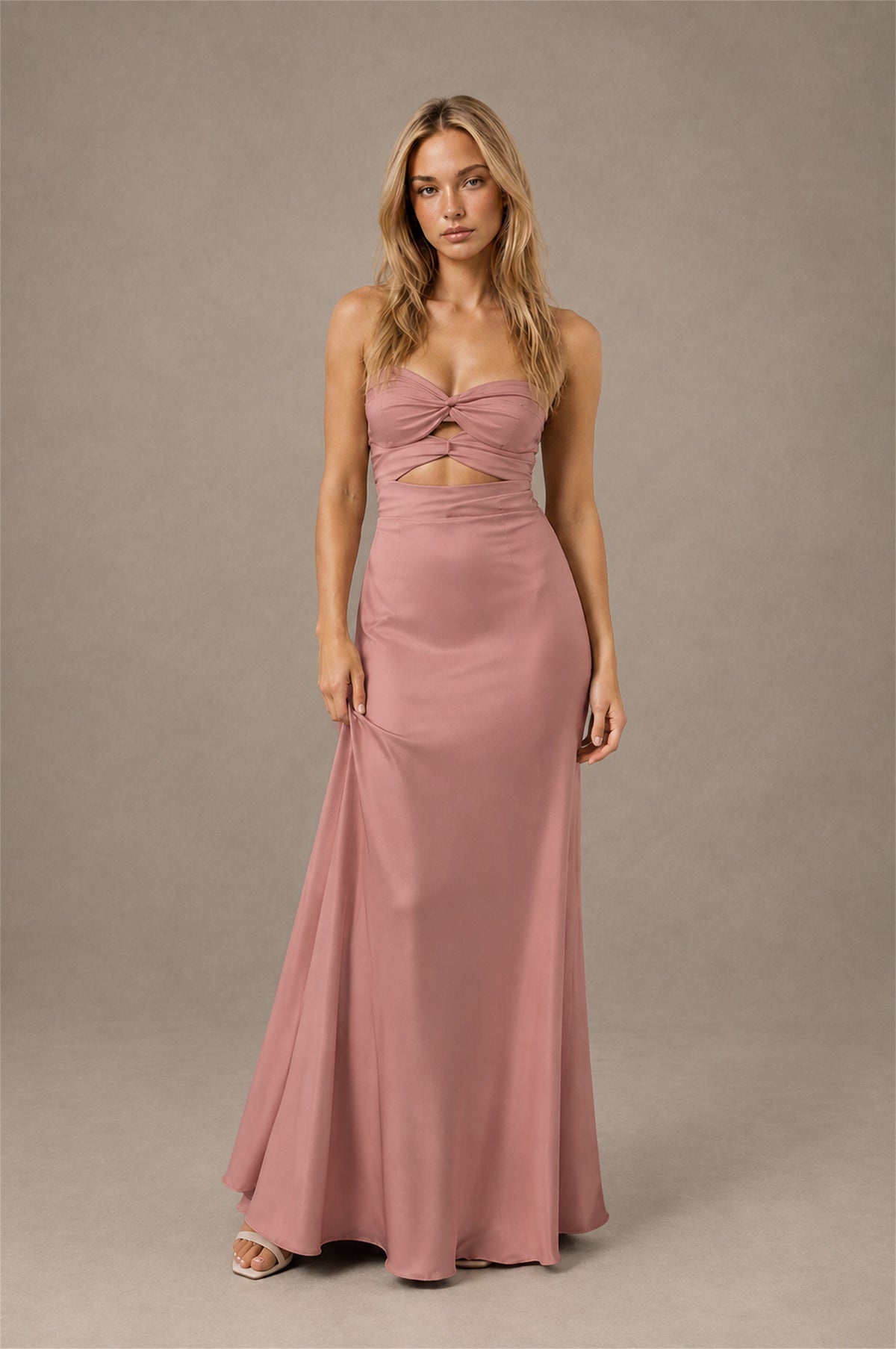BOLODOO Dusty Rose Sweetheart Strapless Twist Knot Cutout Lace-Up Back Satin Mermaid Maxi Dress - Dusty Rose - Dusty Rose (1)