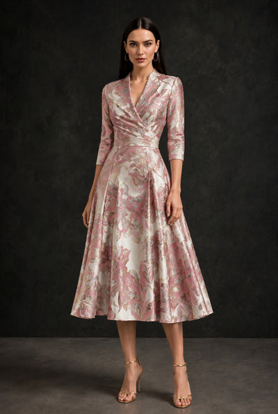 BOLODOO Dusty Rose Gold Floral Jacquard Wrap Midi Dress with Three-Quarter Sleeves - Dusty Rose - Dusty Rose (1)