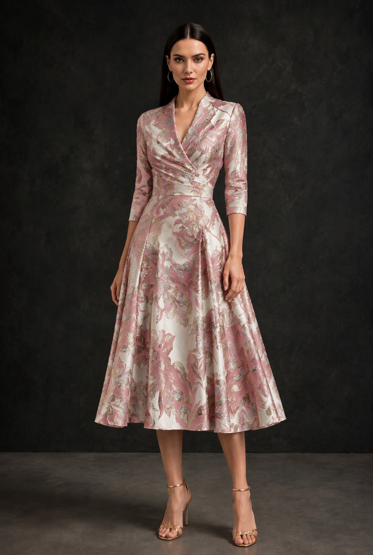 BOLODOO Dusty Rose Gold Floral Jacquard Wrap Midi Dress with Three-Quarter Sleeves - Dusty Rose - Dusty Rose (1)
