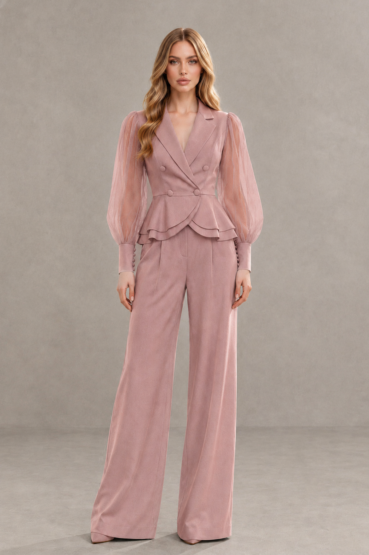BOLODOO Mint Dusty Rose Peplum Blazer Wide-Leg Pantsuit with Sheer Puff Sleeves - Dusty Rose