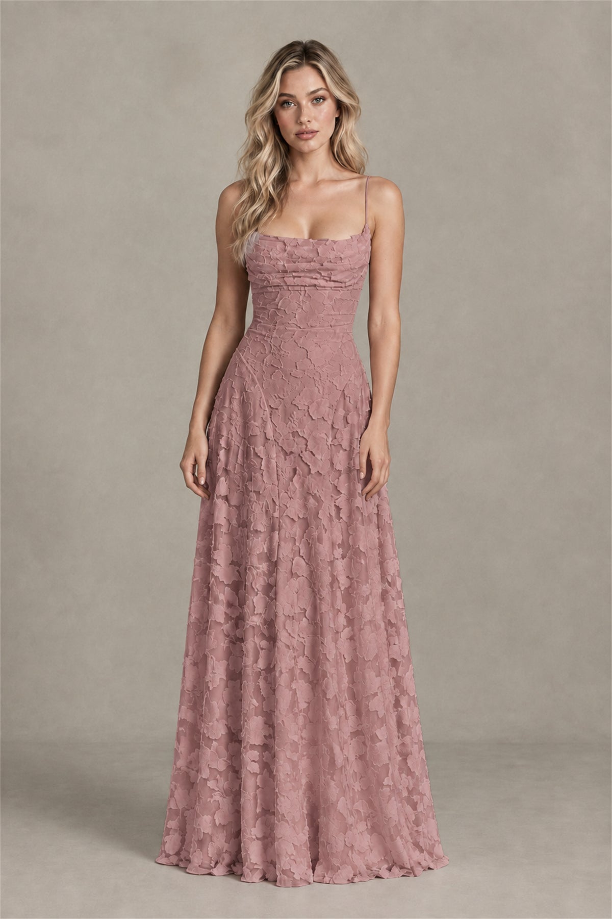 BOLODOO Dusty Rose Floral Appliqué Lace-Up Back Maxi Dress - Dusty Rose